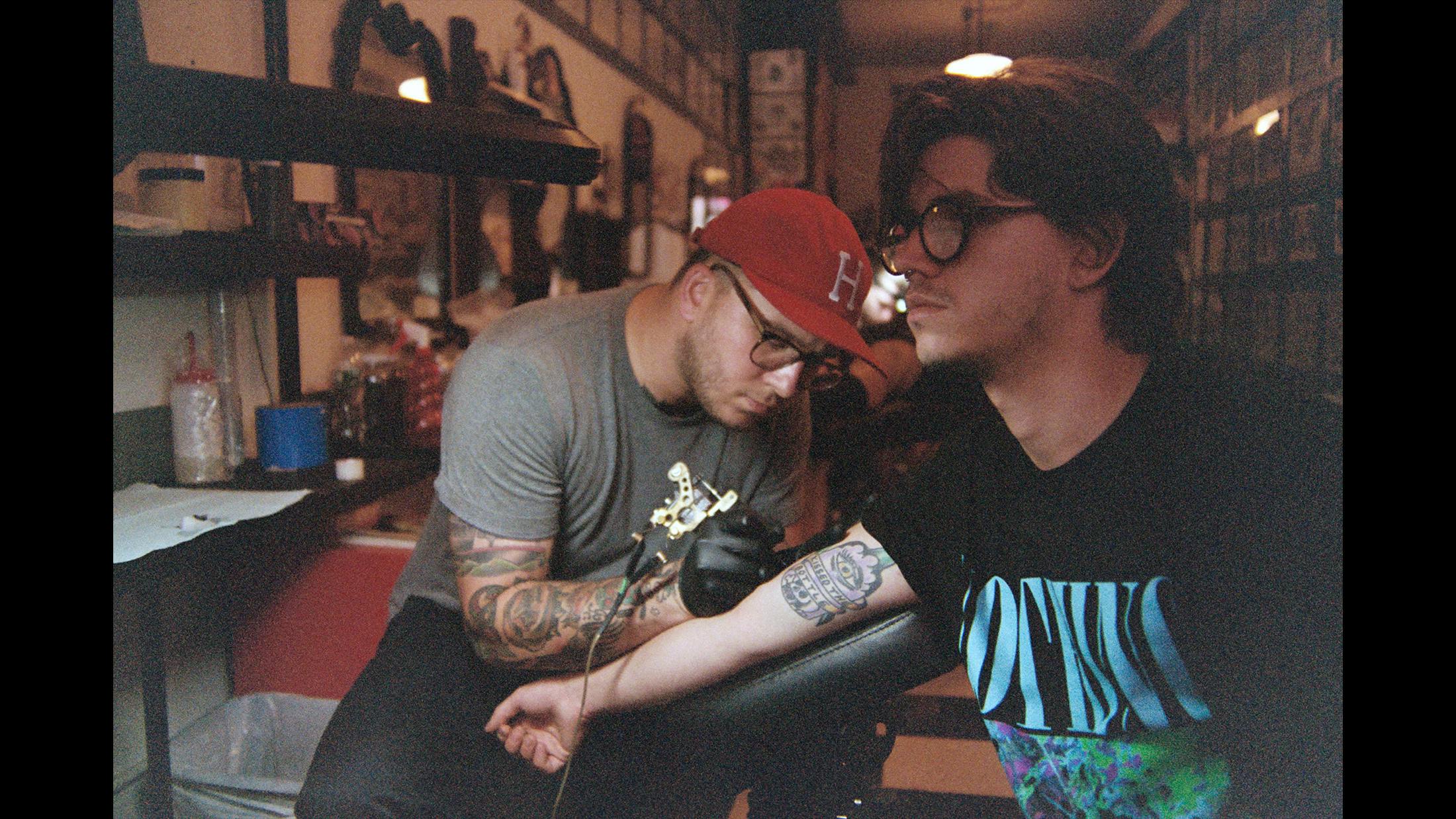 Our summer tour with Nothing ended in NYC, and we had a couple days to chill before heading back to San Francisco. Our friend Nick from California had moved to NYC a few months before this to tattoo at this rad shop. So after the last show of the tour, a couple of us got Nothing tattoos to commemorate the summer. This is Stain getting his.