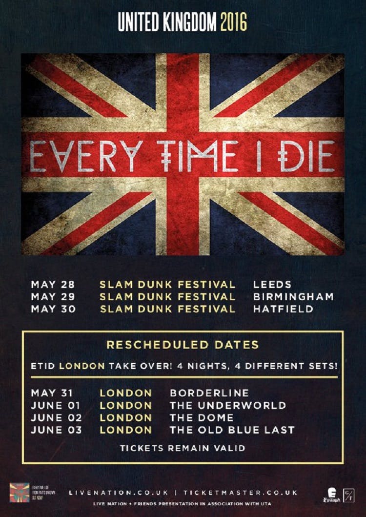 Every Time I Die Reschedule London Dates