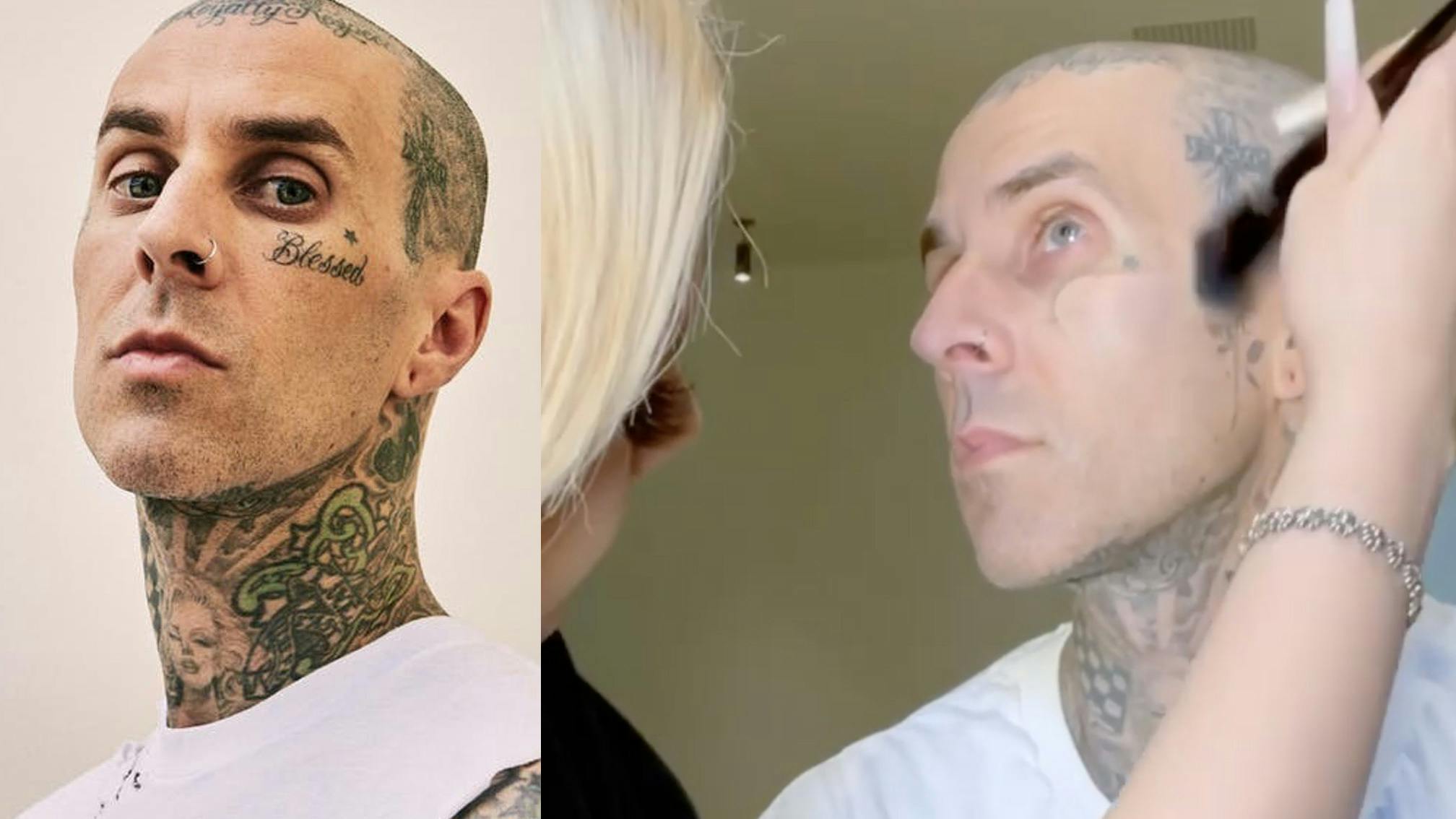 See Travis Barker's daughter Alabama cover his face tattoos with make-up