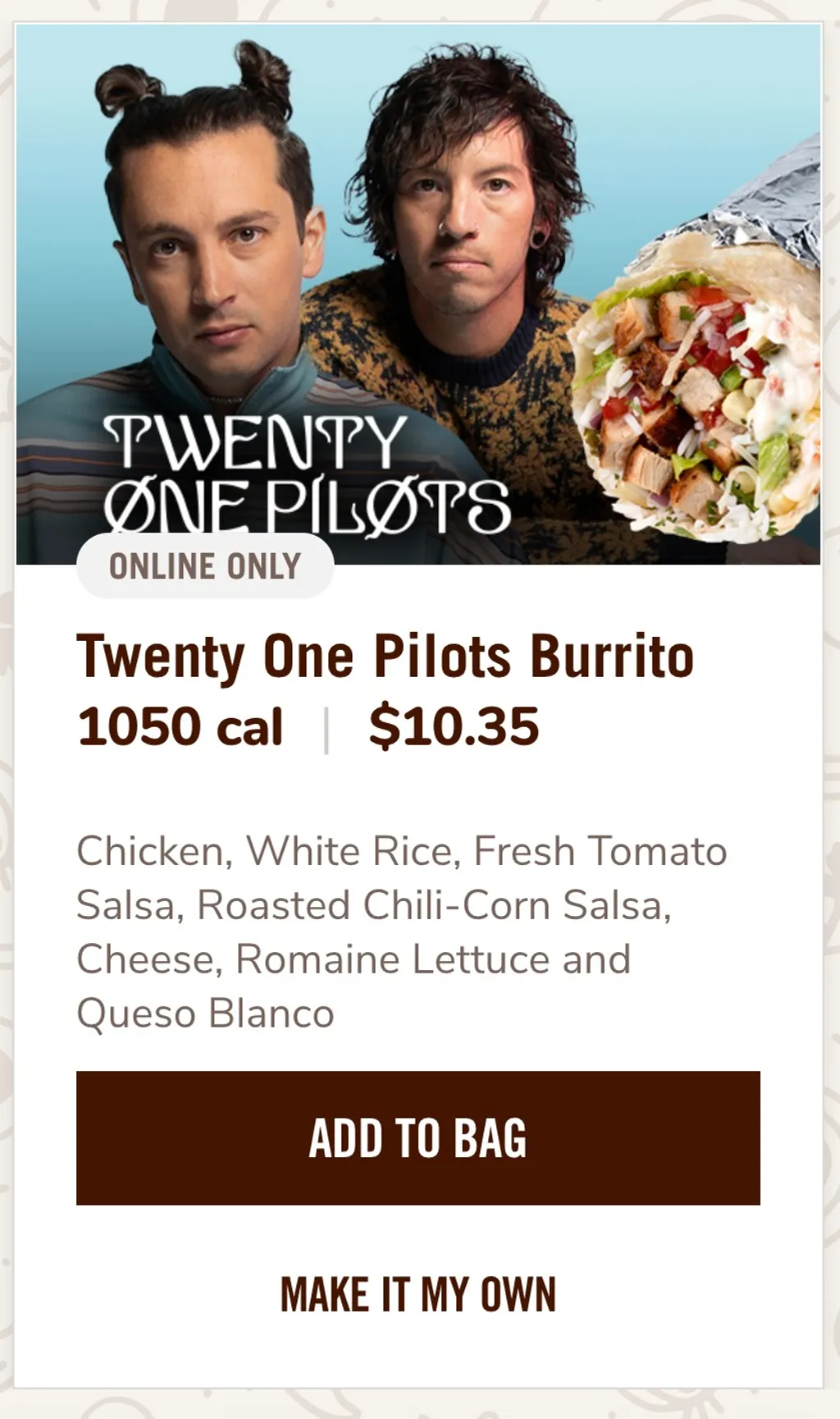 Twenty one pilots Chipotle burrito menu