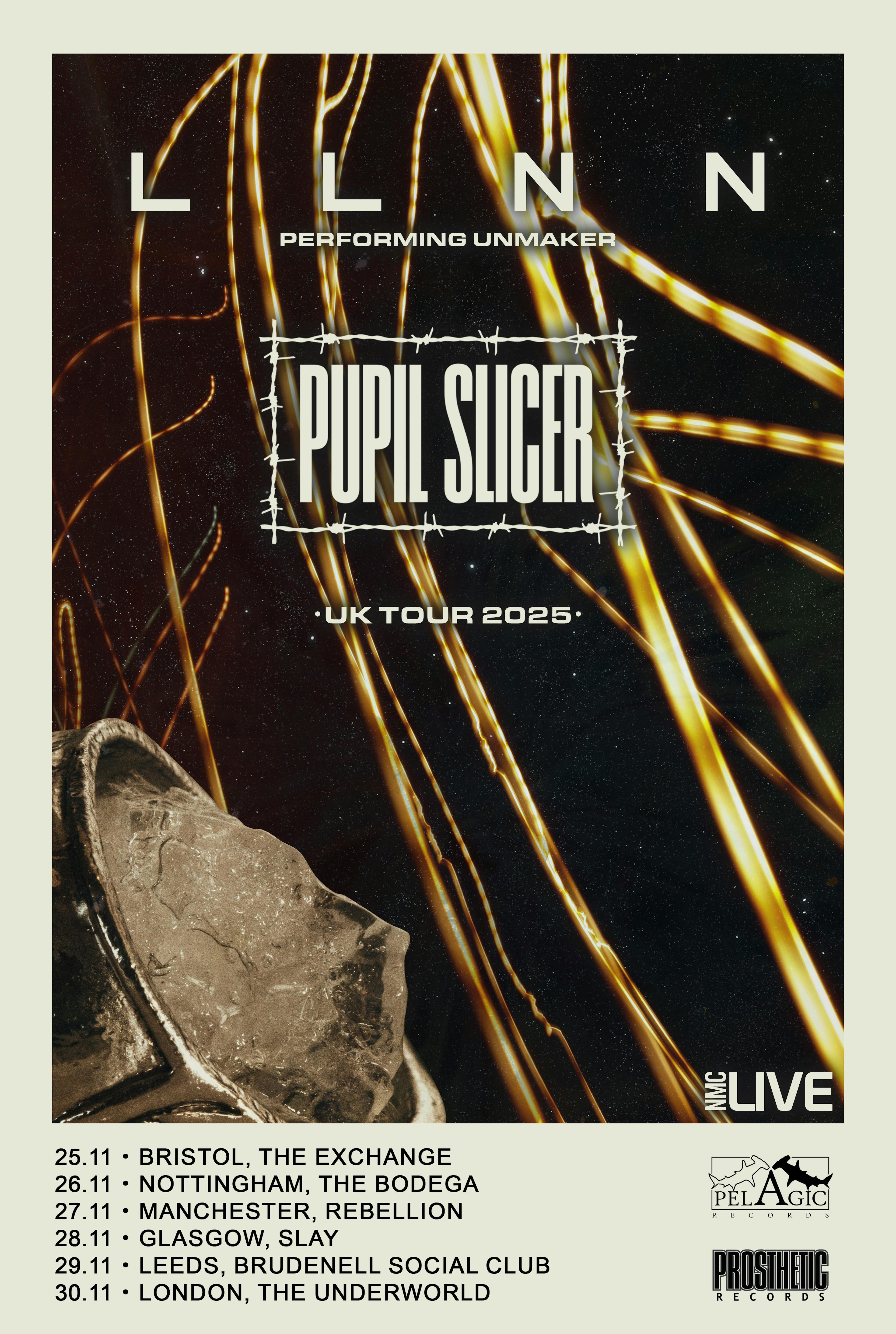 The poster for the co-headlining tour of British metal band Pupil Slicer and Danish post-metal band LLNN