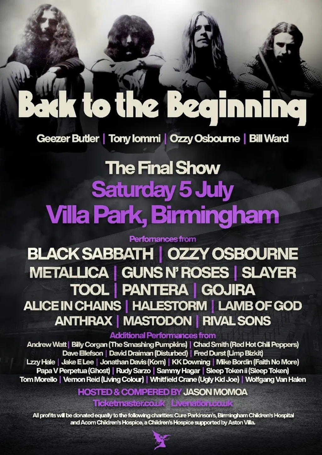 The poster for Back To The Beginning 2025 with Black Sabbath, Ozzy Osbourne, Metallica, Guns N' Roses, Slayer, Tool and more