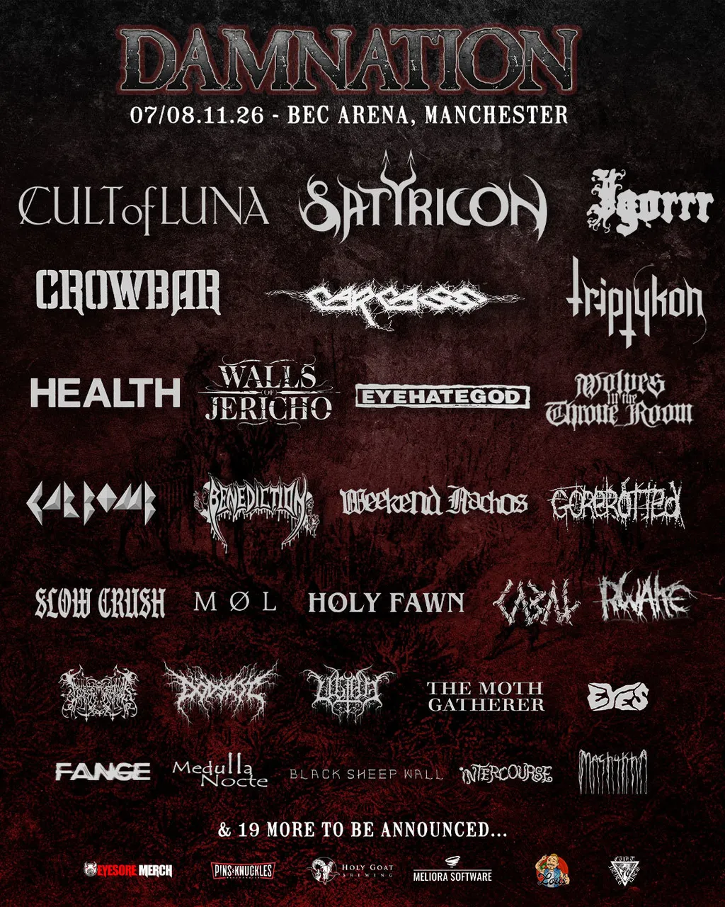 Damnation Festival 2026 headliners Cult of Luna Satyricon Carcass Igorrr Crowbar Triptykon poster