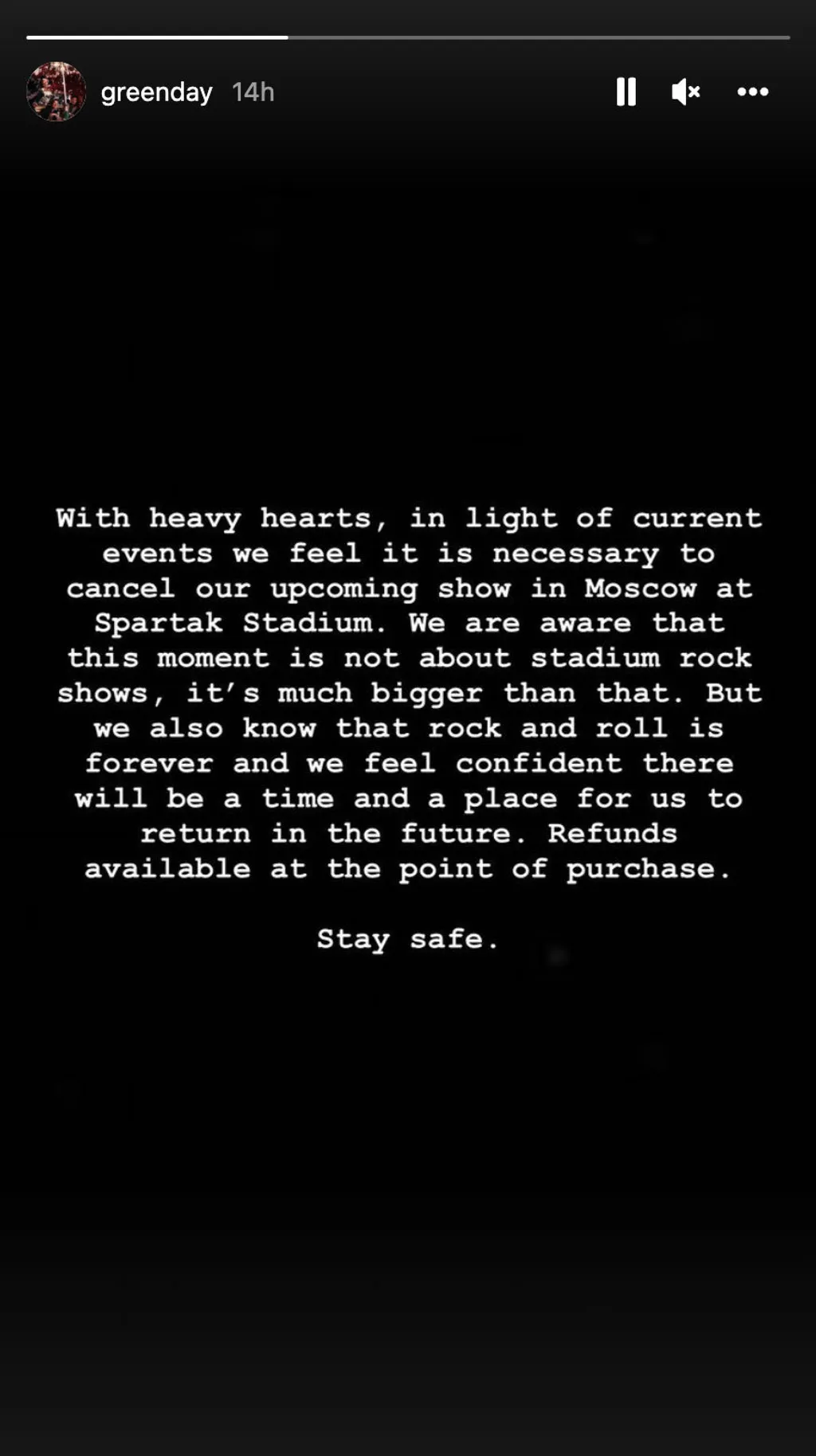 Green Day 2022 cancel Moscow show Instagram stories