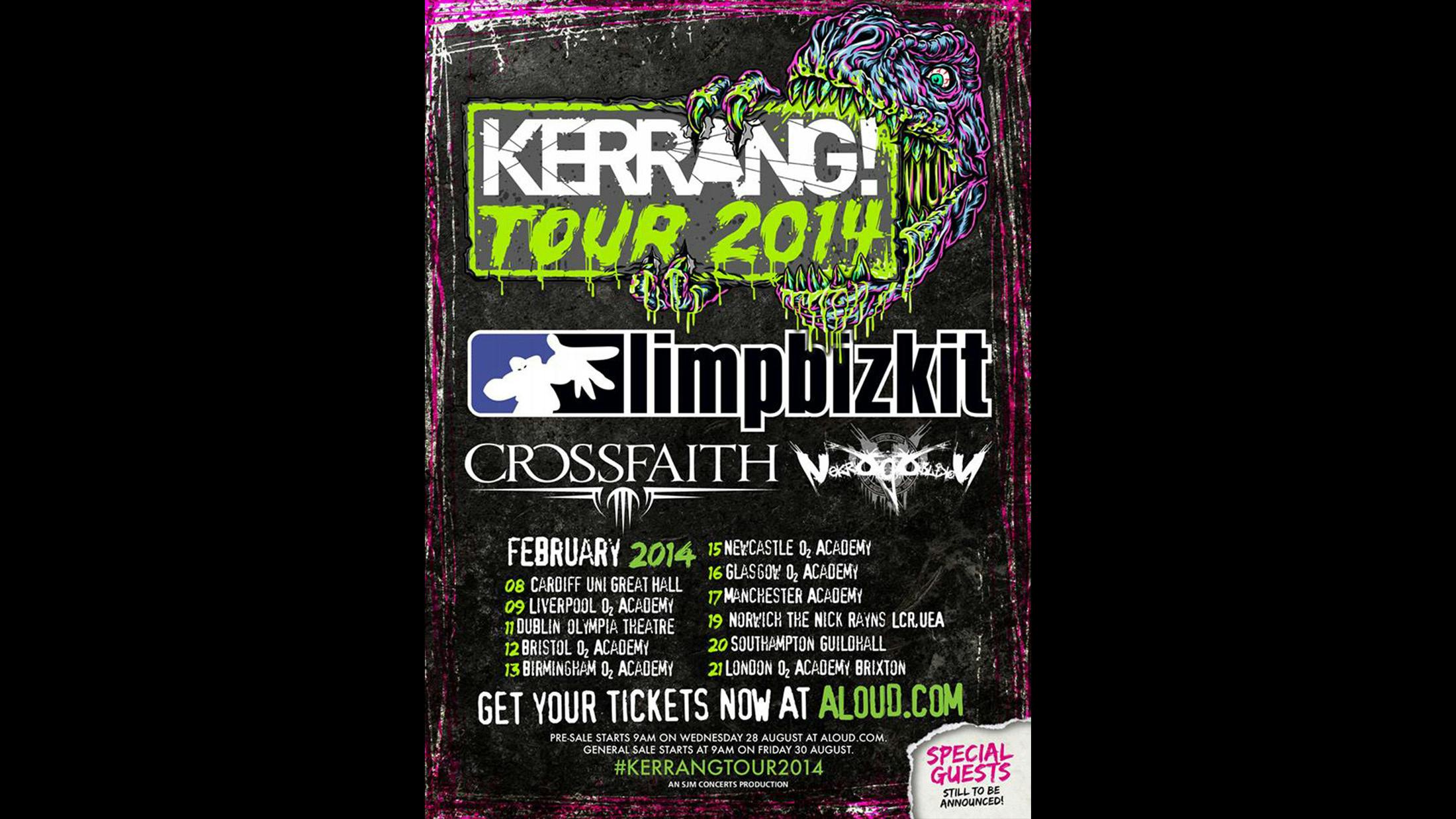 Limp Bizkit headlined this tour, which featured Japanese metalcore quintet Crossfaith, 
Californian melodic death metallers Nekrogoblikon – joined by an, er, actual goblin called John Goblikon – and Nottingham hardcore four-piece Baby Godzilla (who were later forced to change their name to Heck, following a lawsuit from an angry sea monster or something). While this tour presented many highlights, there’s only one worth mentioning here: K! Contributing Editor Jennyfer J. Walker stunned her workmates as she bounded onto the Brixton Academy stage and belted out Ready To Go alongside Fred Durst. Shocked? We almost bought a round of drinks!