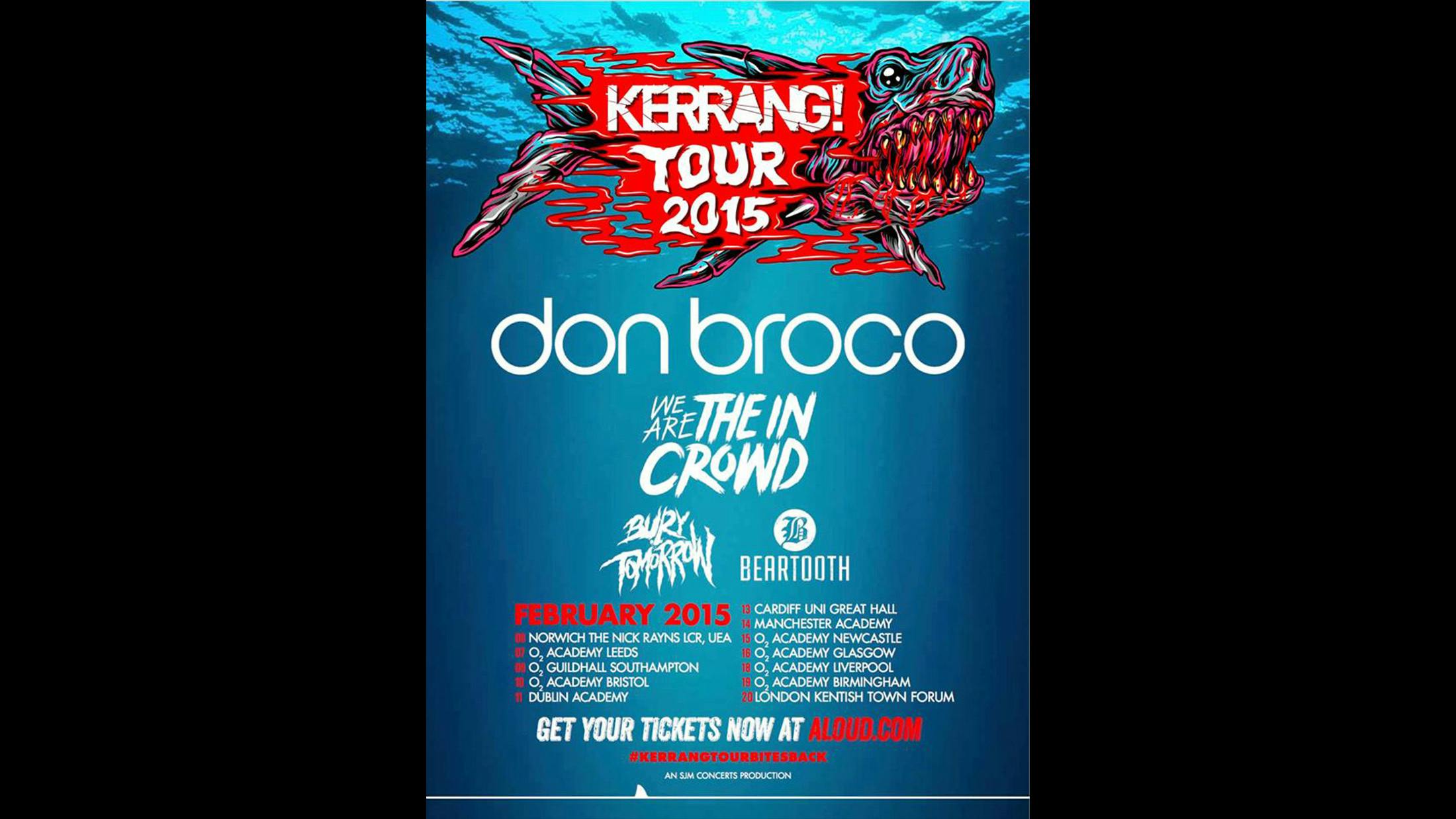 Those who bought tickets to the tenth Kerrang! Tour got an added bonus in the shape of Young Guns, who were added to the bill as a ‘secret’ act. They joined headliners Don Broco, We Are The In Crowd, Bury Tomorrow and Beartooth on the 12-date tour which kicked off in Norwich and left a trail of, well, tidy dressing rooms across the UK and Ireland. Notable moments of time-killing included Don Broco tour manager Adam Bantz (his real surname) getting a tattoo of Rob Damiani’s face on his leg during a day off in Glasgow, while Bury Tomorrow and Young Guns went head-to-head in a haircut competition. Bury Tomorrow vocalist Dani Winter-Bates stunned onlookers with a surprising tonsorial flair.