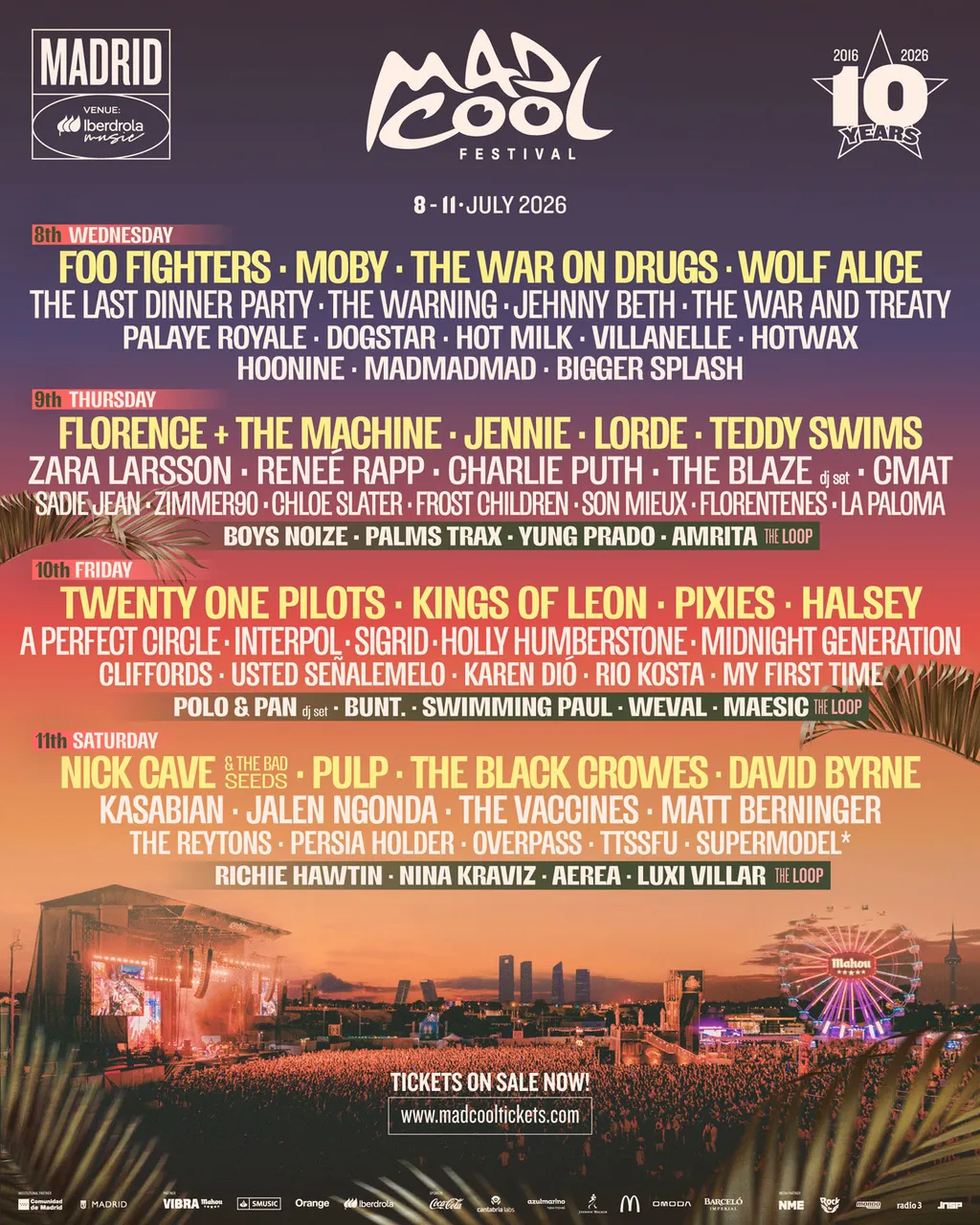 Mad Cool Festival Madrid 2026 line up poster Foo Fighters twenty one pilots