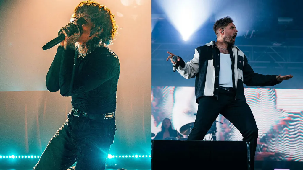 A photo of Bring Me The Horizon singer Oli Sykes performing live, and You Me At Six singer Josh Franceschi performing live