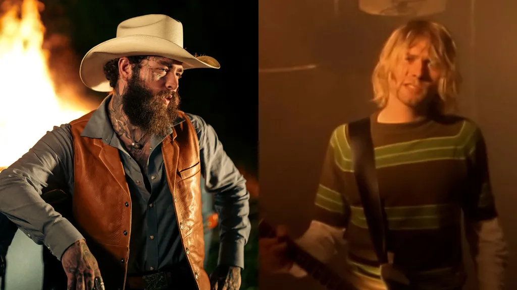 A photo of Post Malone, and an image of Kurt Cobain in Nirvana’s Smells Like Teen Spirit video