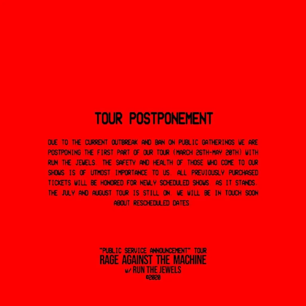 Rage Against The Machine 2020 Tour Postpone
