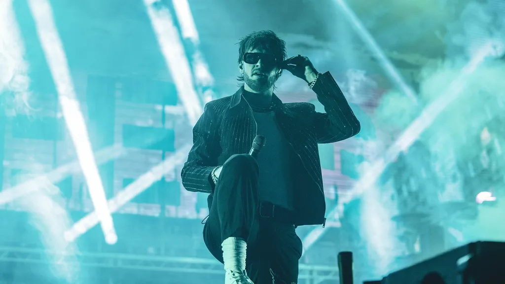 Loz Taylor performing live with metalcore band While She Sleeps at Alexandra Palace in London in 2023