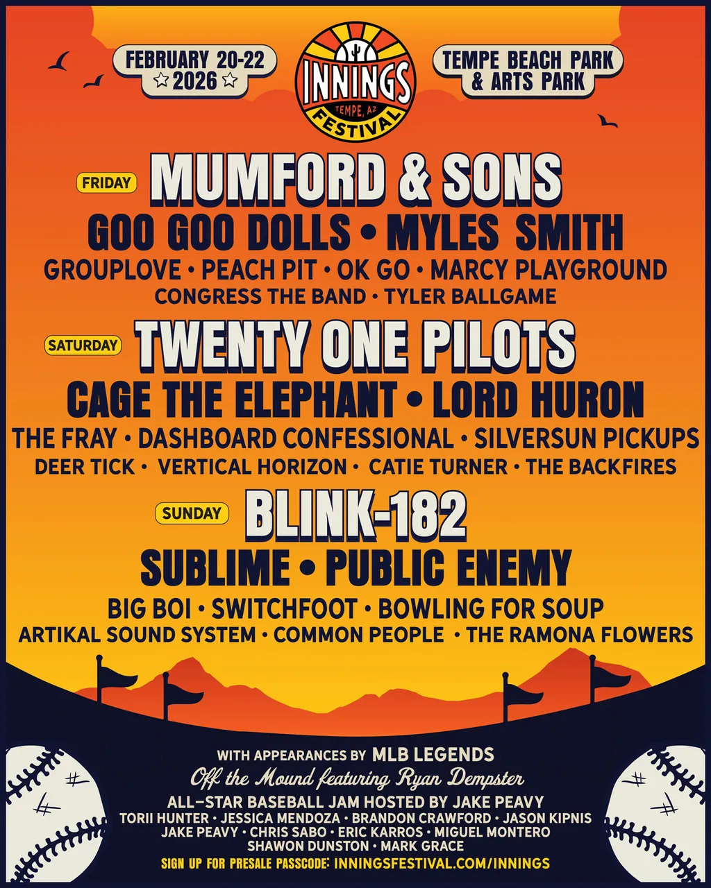 Twenty One Pilots Blink 182 And More For 2026 Innings Kerrang Blink 182 Twenty One Pilots Mumford Sons Innings Festival Arizona February 2026 Poster 