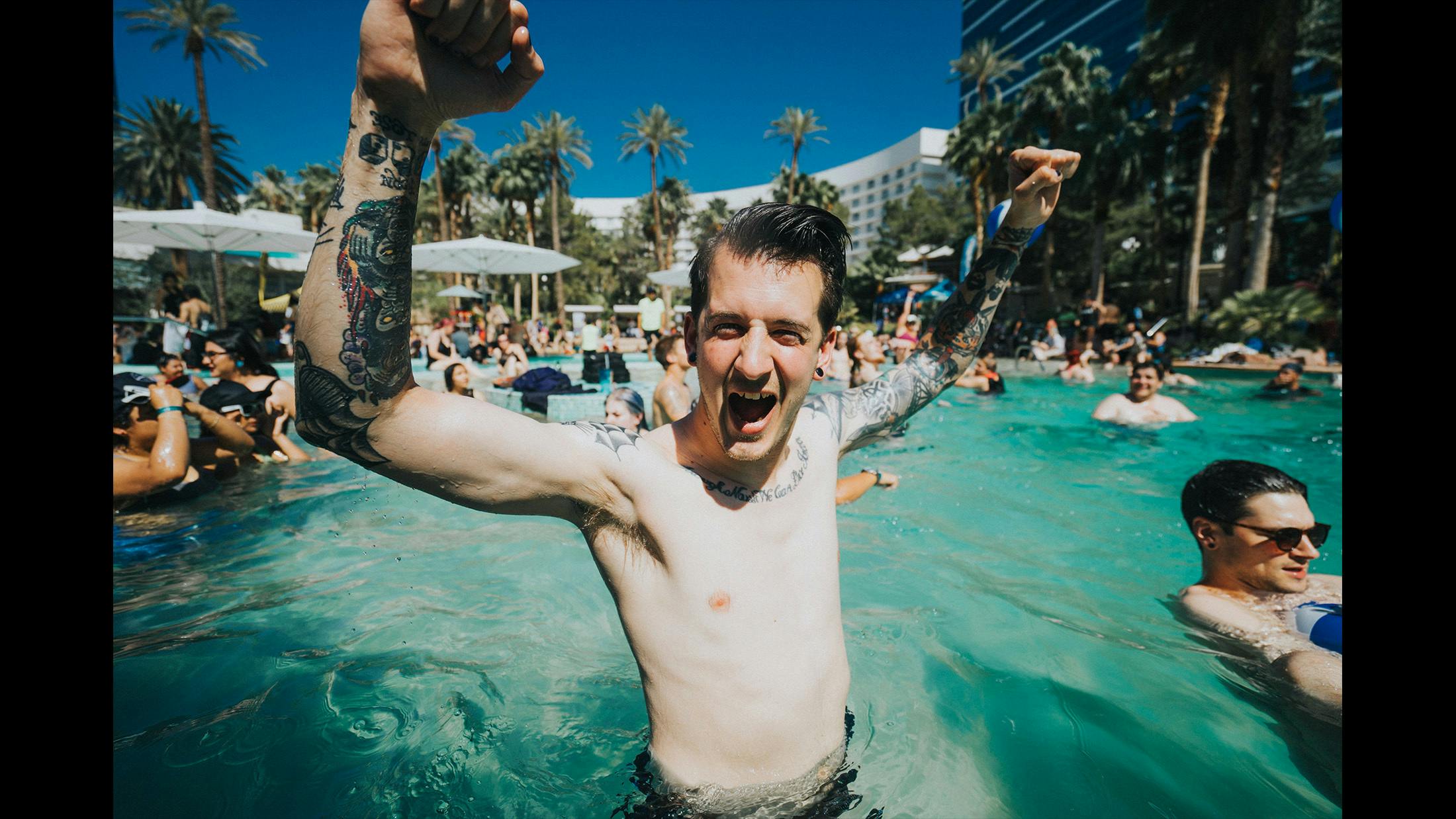 Sean in a pool at the venue in Las Vegas, there was a stage right in front of this pool, and moments after this photo was taken Sean, along with Ian and Oliver helped created a crazy whirlpool circle pit to Bad Cop Bad Cop.