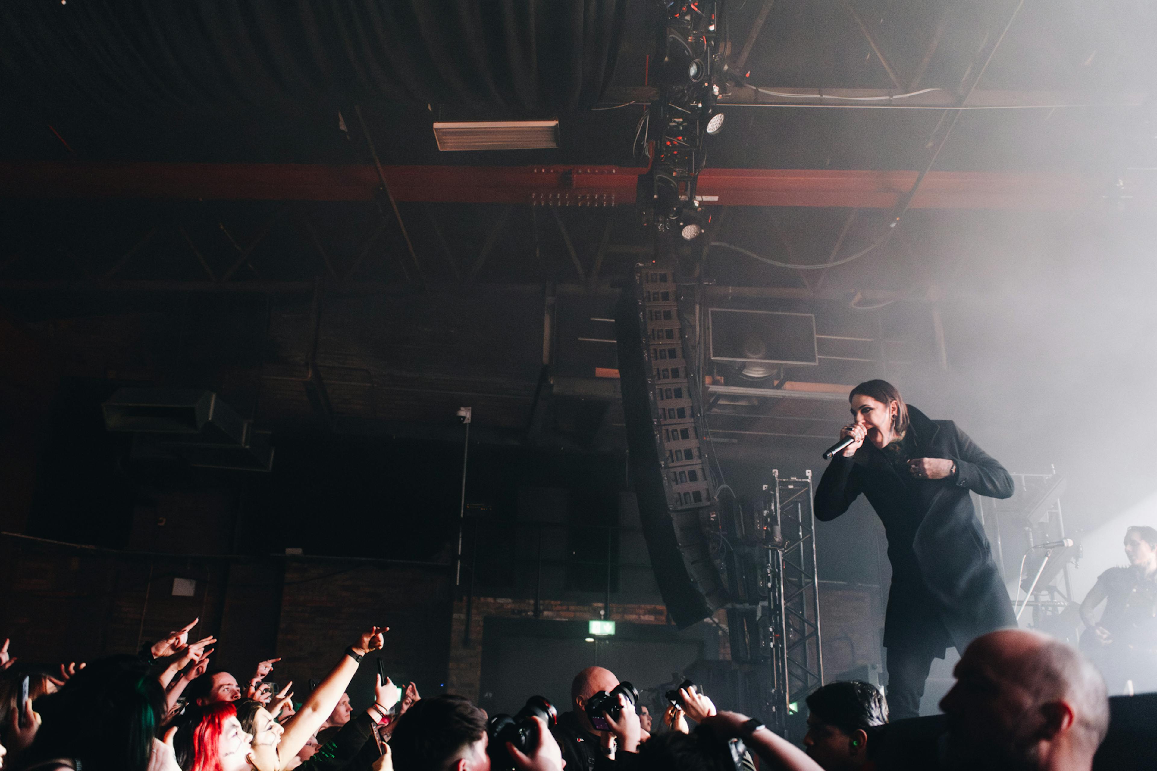 A shot of the gothic metal band Motionless In White onstage in Manchester