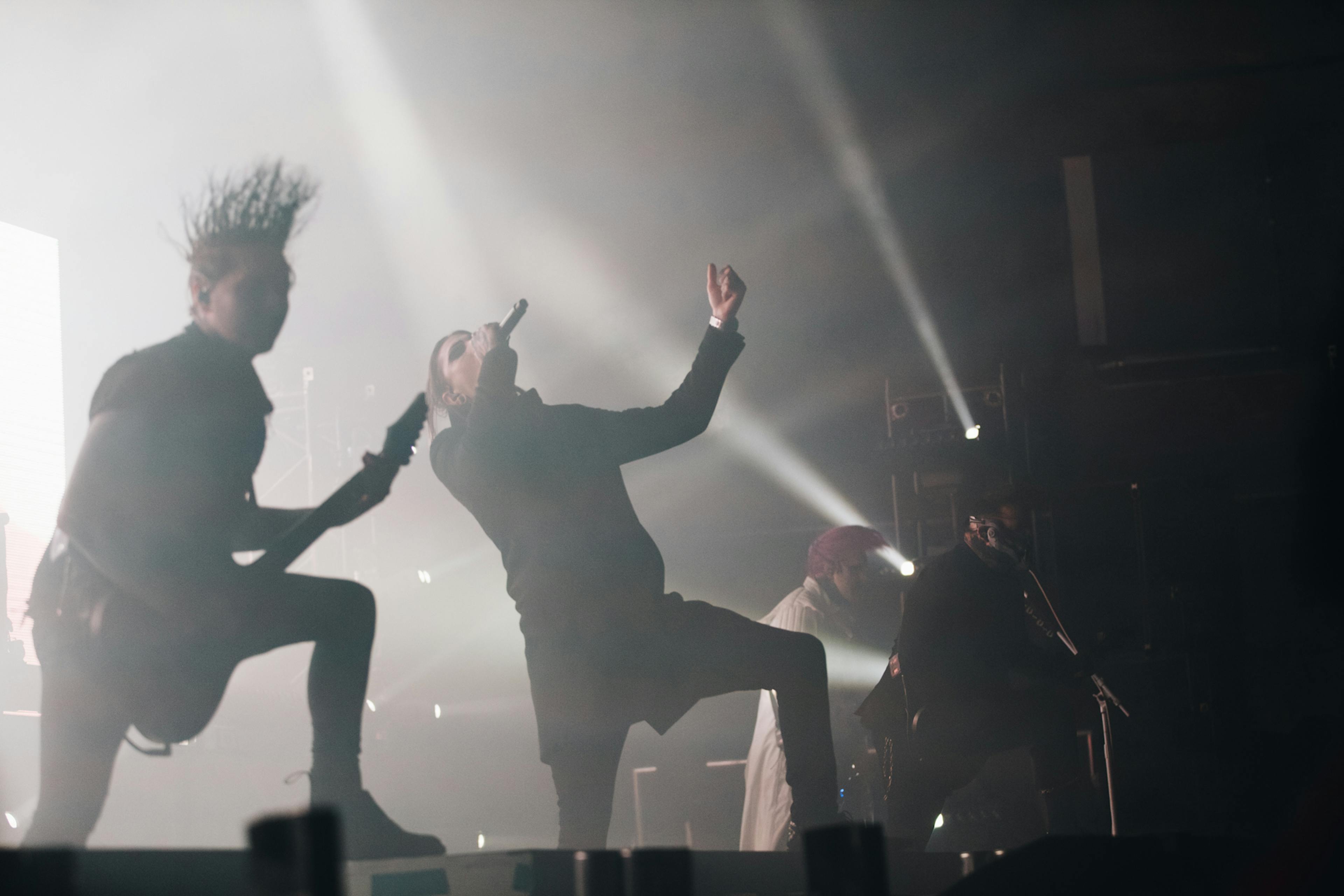 A shot of the gothic metal band Motionless In White onstage in Manchester