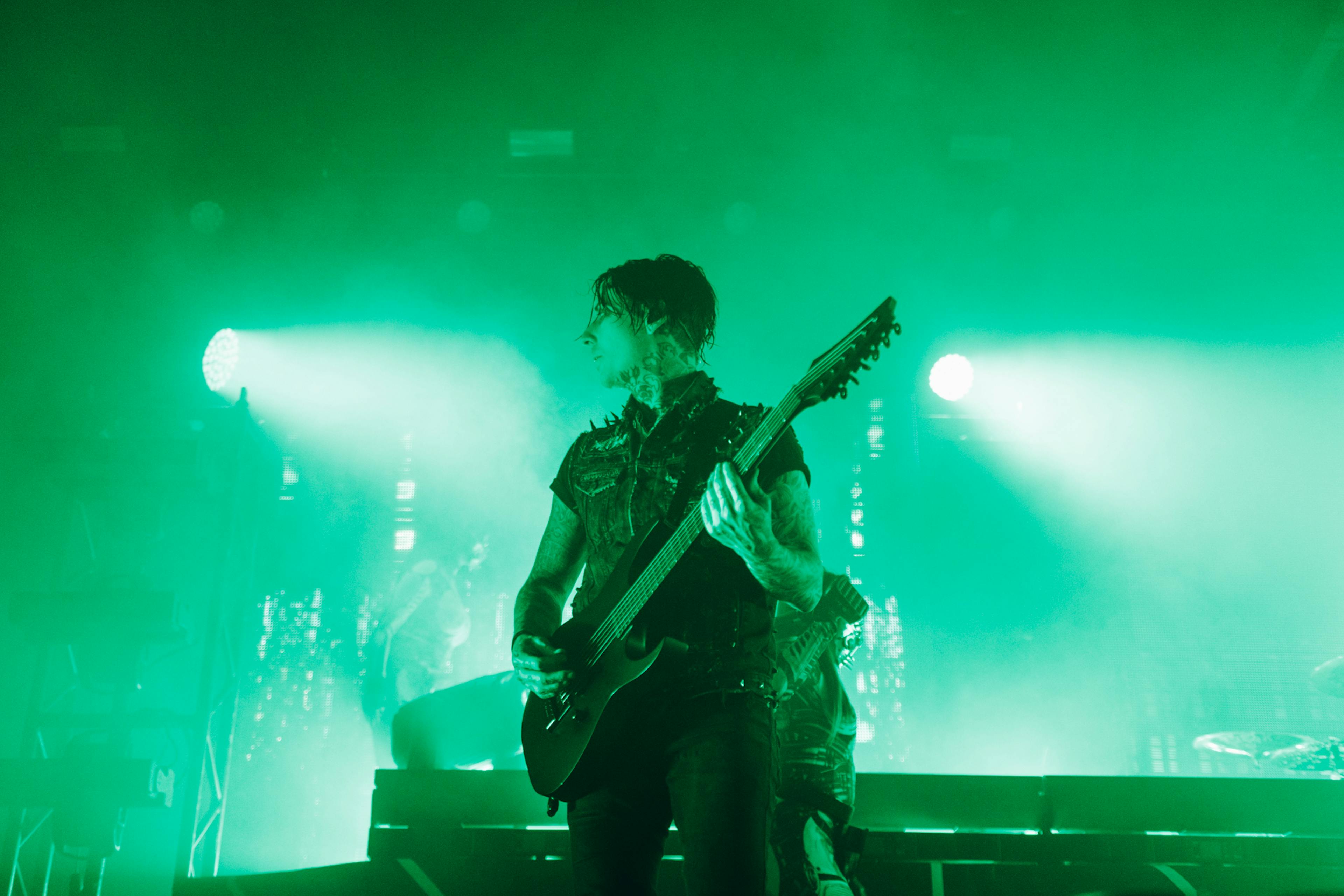 A shot of the gothic metal band Motionless In White onstage in Manchester